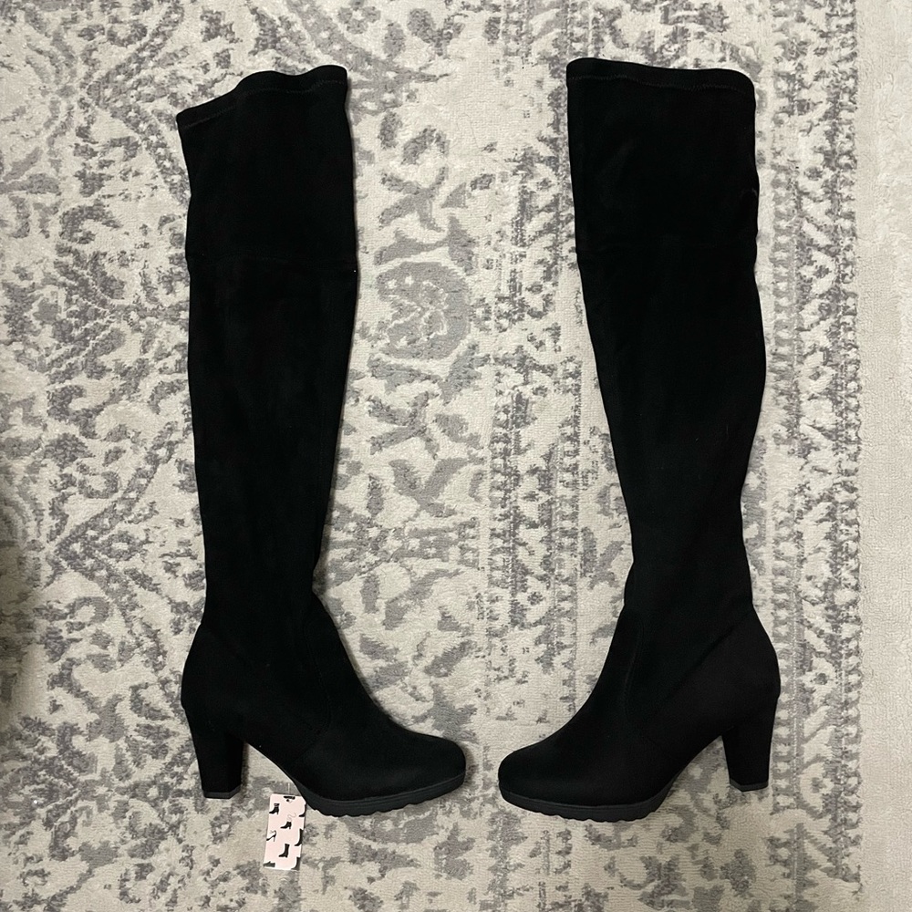 Mysoft Black Thigh High, Chunky Heeled Boots